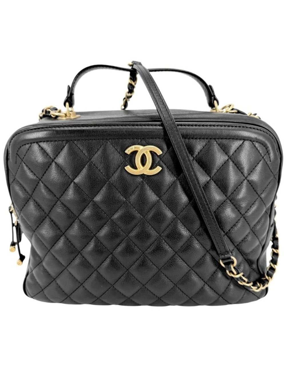 Chanel 2-Way Quilted Vanity Chain Shoulder Bag Crossbody Leather Black Gold